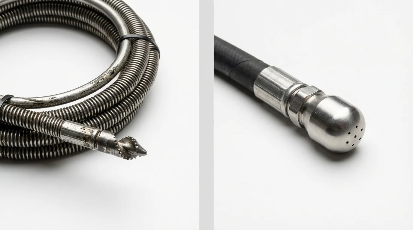 Drain snake cable and hydro jetting nozzle used for drain cleaning in Richland, MO