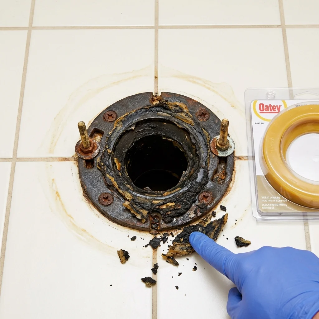Failed wax ring showing water seepage at the base of a toilet in a Richland, MO home