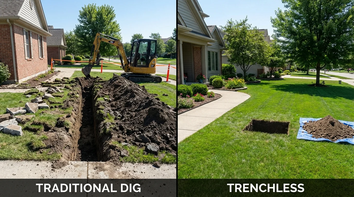 Trenchless sewer repair with minimal yard damage versus traditional excavation in Richland, MO
