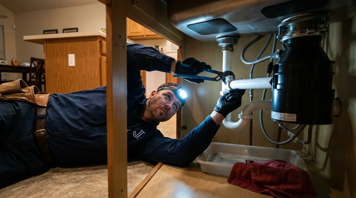 P-trap and supply line connections under a kitchen sink showing a common leak point in Richland, MO